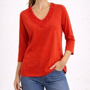 Boden Red Ruffle Trim V-Neck Top 3/4 Sleeve Cotton Tee Size US 10